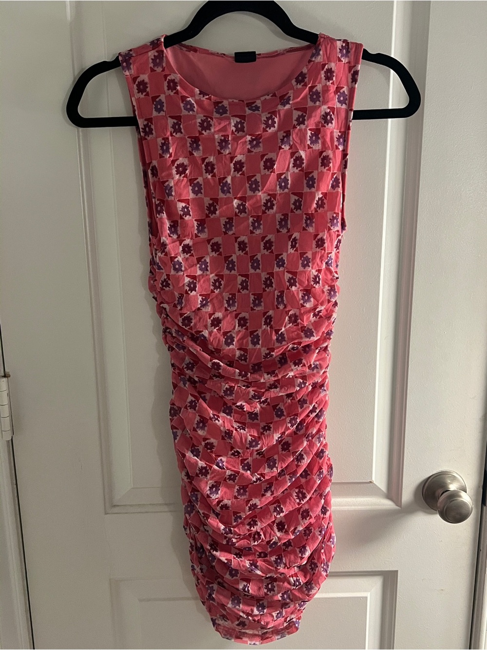Urban Outfitters Pink Floral-Check Ruched Sheath Dress